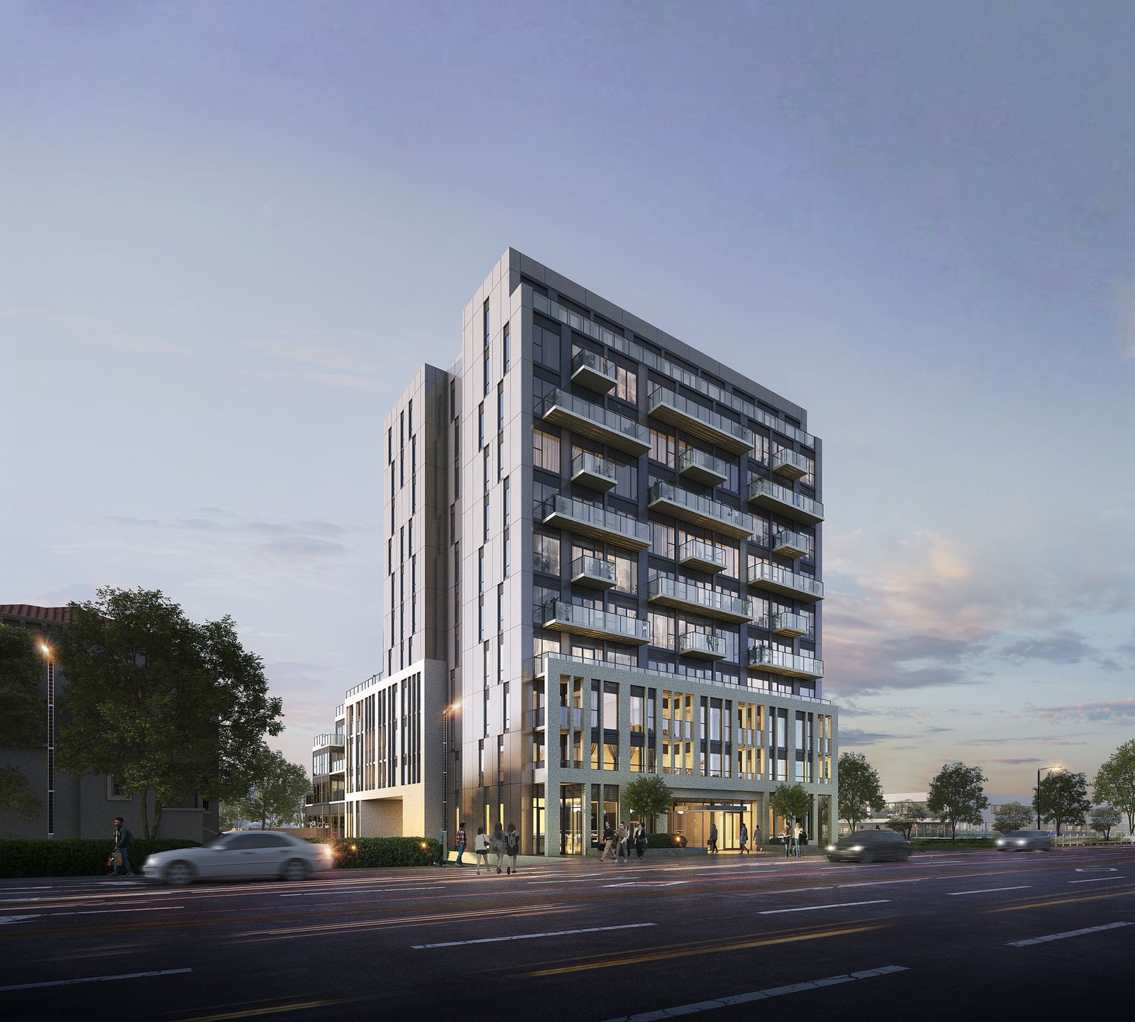 East Pointe Condominiums, street view at dusk - artist's rendering