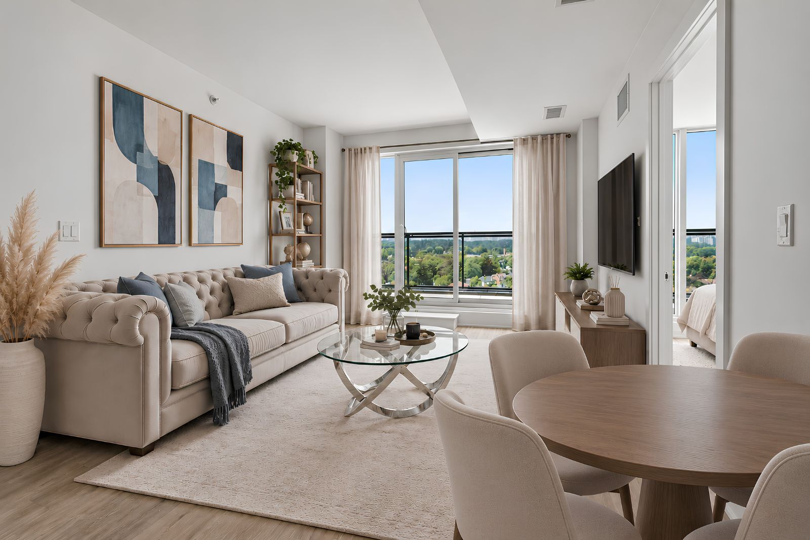 Living and dining area in a finished East Pointe suite, virtually staged
