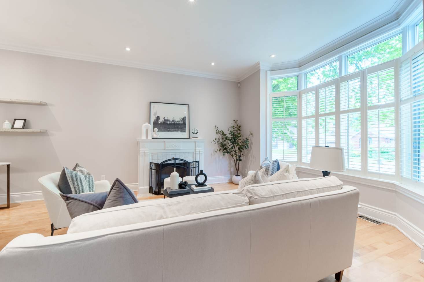 Staged living room with bay window, 24 Parkview Hill Crescent